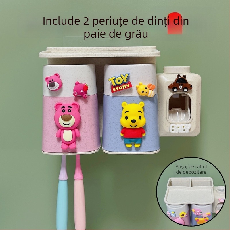 Set de perete pentru periute cu ventuză, cană de clătire și spațiu de depozitare pentru copii