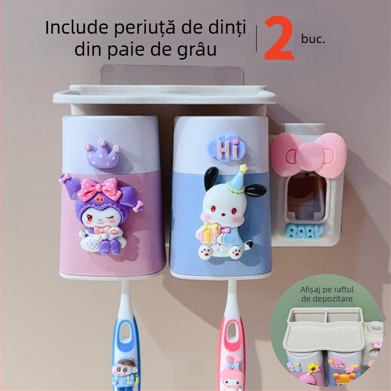 Set de perete pentru periute cu ventuză, cană de clătire și spațiu de depozitare pentru copii