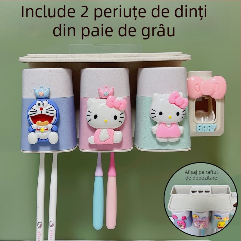 Set de perete pentru periute cu ventuză, cană de clătire și spațiu de depozitare pentru copii