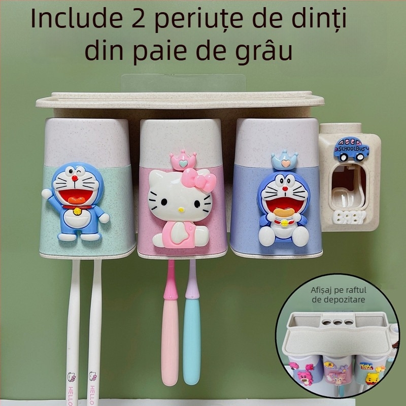 Set de perete pentru periute cu ventuză, cană de clătire și spațiu de depozitare pentru copii