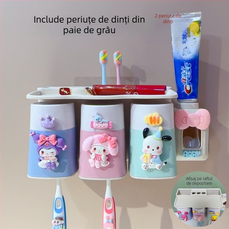 Set de perete pentru periute cu ventuză, cană de clătire și spațiu de depozitare pentru copii