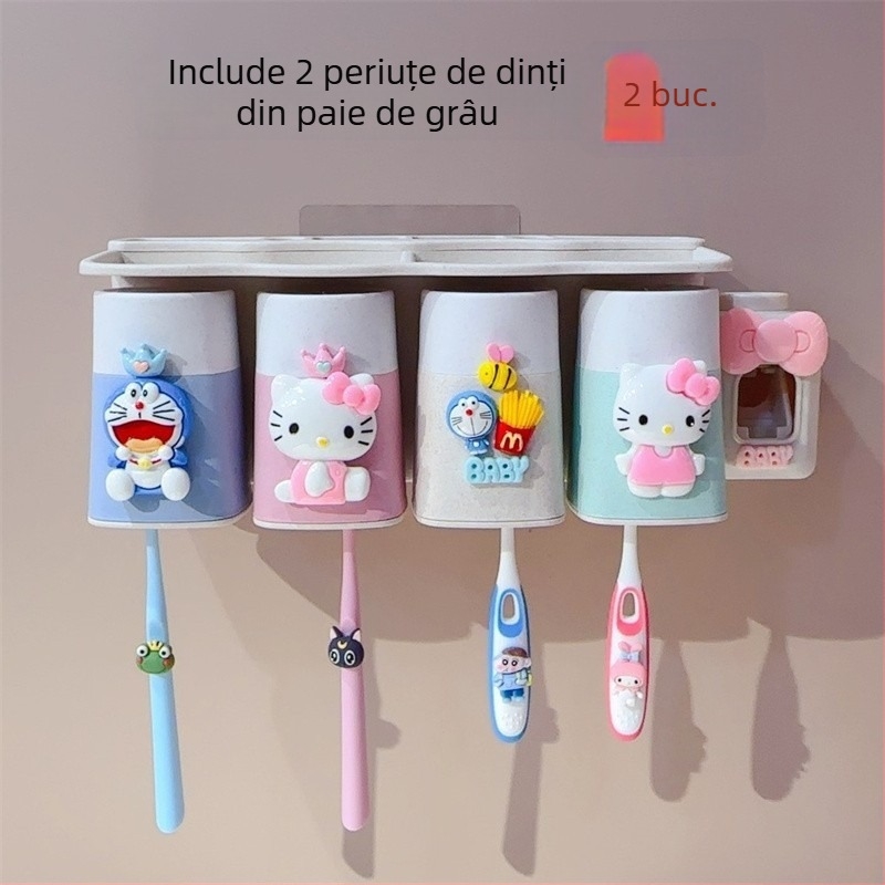 Set de perete pentru periute cu ventuză, cană de clătire și spațiu de depozitare pentru copii