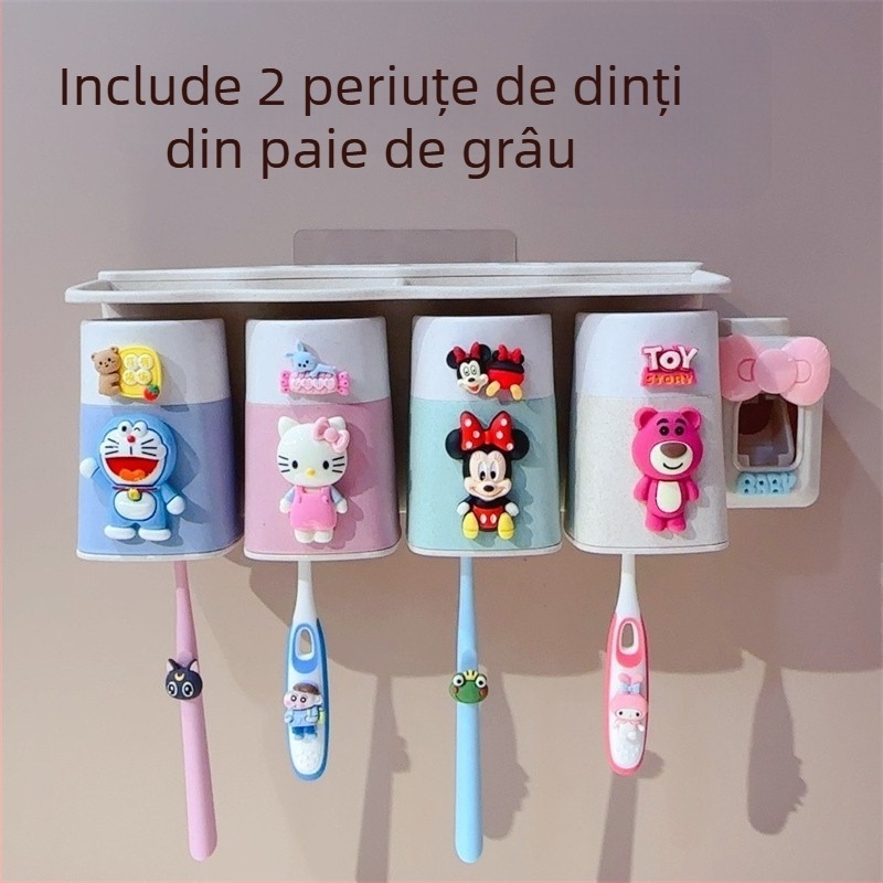 Set de perete pentru periute cu ventuză, cană de clătire și spațiu de depozitare pentru copii