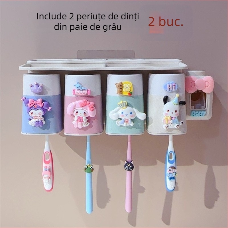 Set de perete pentru periute cu ventuză, cană de clătire și spațiu de depozitare pentru copii