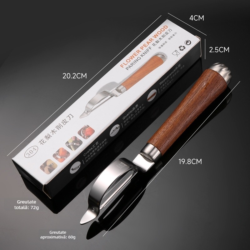 Cuțit de decojit din oțel inoxidabil 304, mâner Rosewood – bucătărie, multifuncțional pentru decojit fructe, răzuit porumb și cartofi