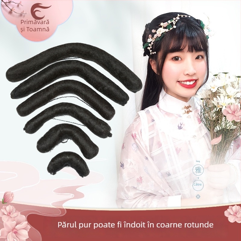 Perucă cosplay în stil antic, cu accesorii pentru păr: bețișor pentru păr și coc, model Round Horn, pentru costume Tang și Hanfu