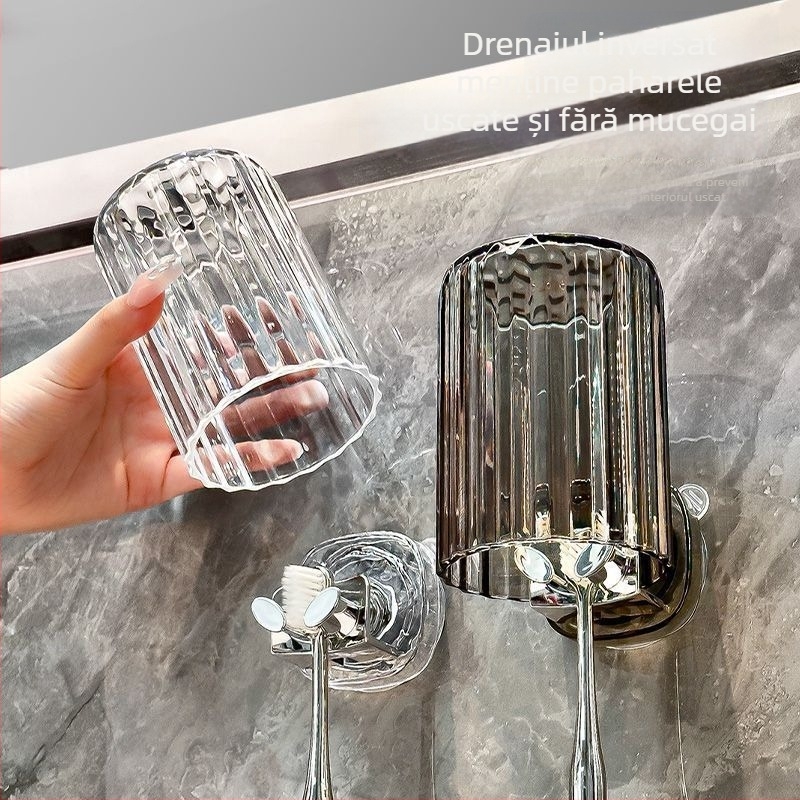 Suport pentru periile de dinți montat pe perete cu cupă pentru periuță și cupă pentru apă de gură, dezinfectare UV, plastic