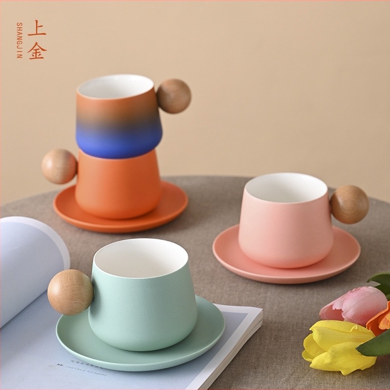 Shangjin Set cafea cu farfurie în stil nordic, mâner din lemn, cană ceramică, design creativ premium