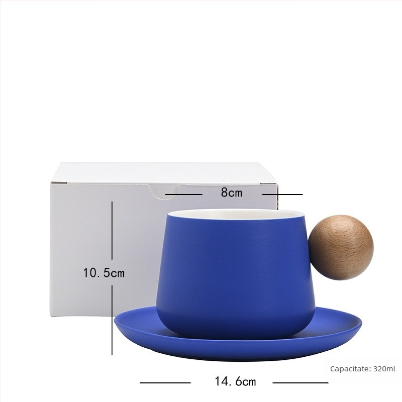 Shangjin Set cafea cu farfurie în stil nordic, mâner din lemn, cană ceramică, design creativ premium