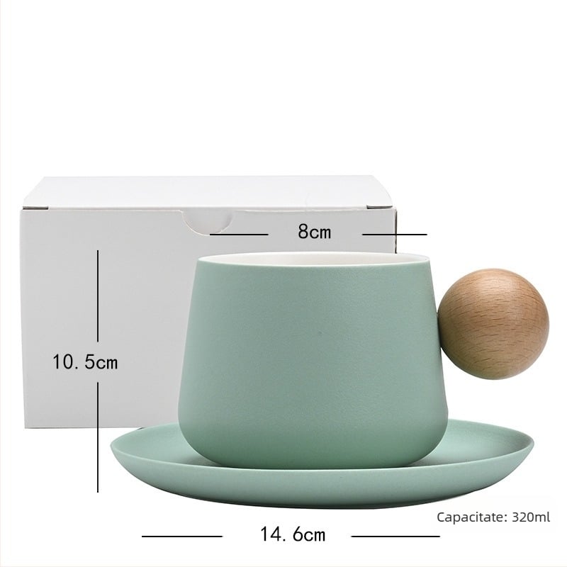 Shangjin Set cafea cu farfurie în stil nordic, mâner din lemn, cană ceramică, design creativ premium