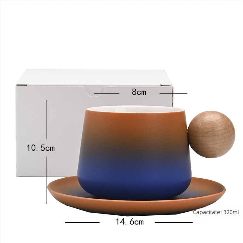 Shangjin Set cafea cu farfurie în stil nordic, mâner din lemn, cană ceramică, design creativ premium
