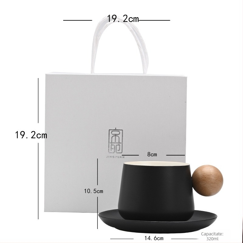 Shangjin Set cafea cu farfurie în stil nordic, mâner din lemn, cană ceramică, design creativ premium