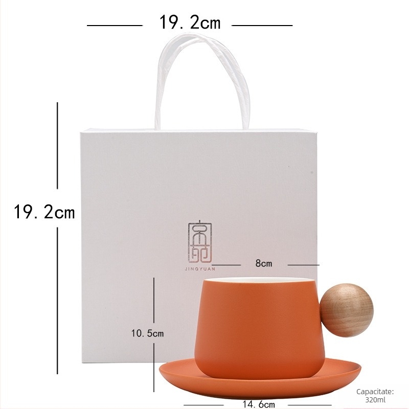 Shangjin Set cafea cu farfurie în stil nordic, mâner din lemn, cană ceramică, design creativ premium