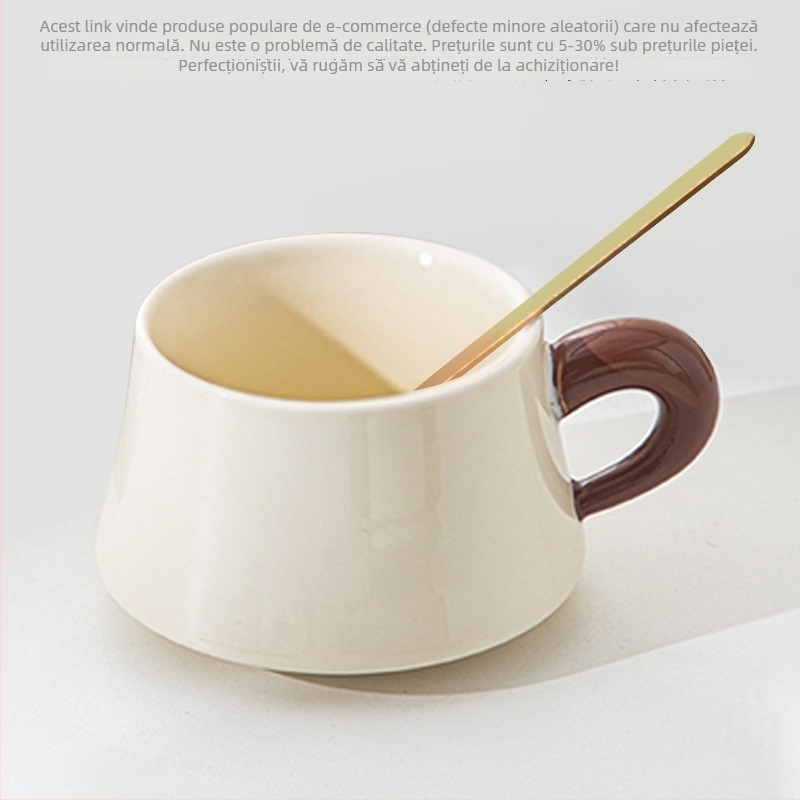 Set ceramic ceașcă și farfurioară cu lingură, ceașcă latte, design retro, lux discret.