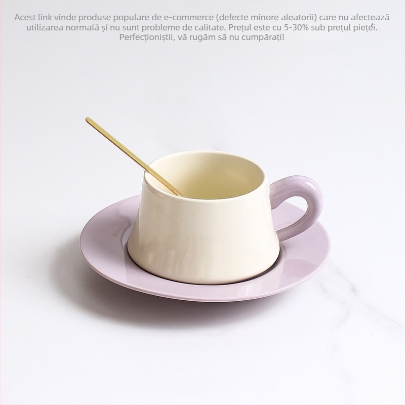 Set ceramic ceașcă și farfurioară cu lingură, ceașcă latte, design retro, lux discret.