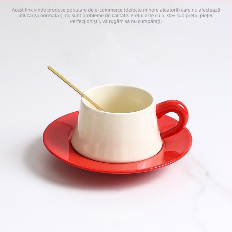 Set ceramic ceașcă și farfurioară cu lingură, ceașcă latte, design retro, lux discret.
