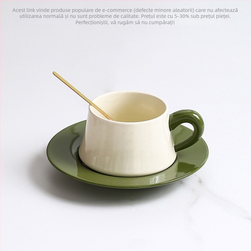Set ceramic ceașcă și farfurioară cu lingură, ceașcă latte, design retro, lux discret.