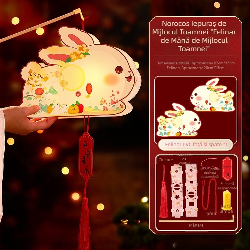 Kit DIY pentru copii: lampion cu iepuraș în stil antic, formă rotundă, mâner de mână, Anul Nou 2026