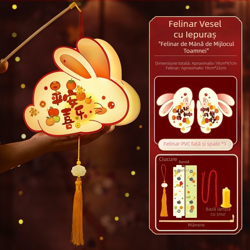 Kit DIY pentru copii: lampion cu iepuraș în stil antic, formă rotundă, mâner de mână, Anul Nou 2026