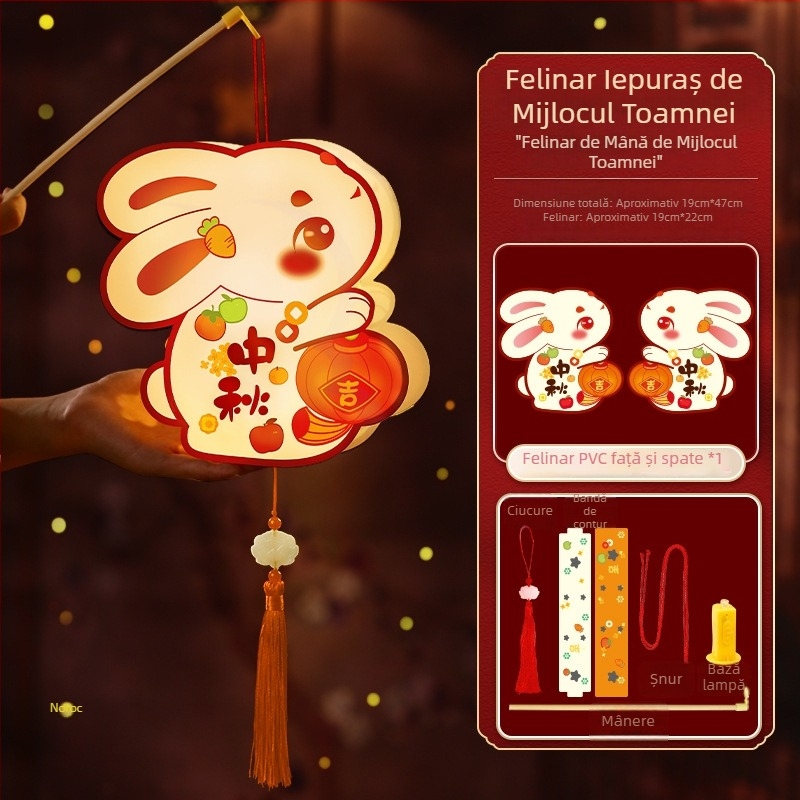 Kit DIY pentru copii: lampion cu iepuraș în stil antic, formă rotundă, mâner de mână, Anul Nou 2026