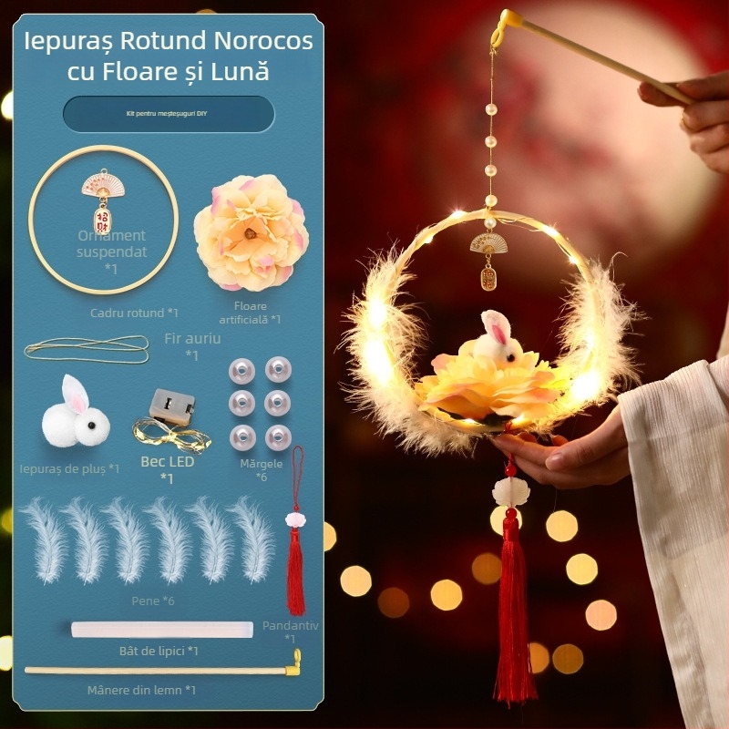 Kit DIY pentru copii: lampion cu iepuraș în stil antic, formă rotundă, mâner de mână, Anul Nou 2026