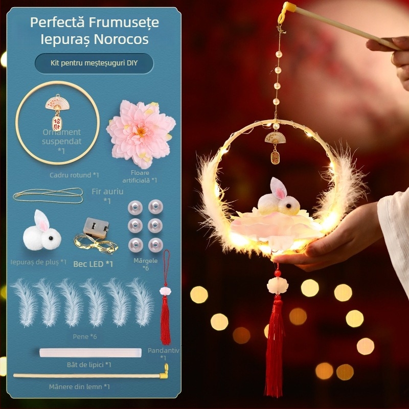 Kit DIY pentru copii: lampion cu iepuraș în stil antic, formă rotundă, mâner de mână, Anul Nou 2026