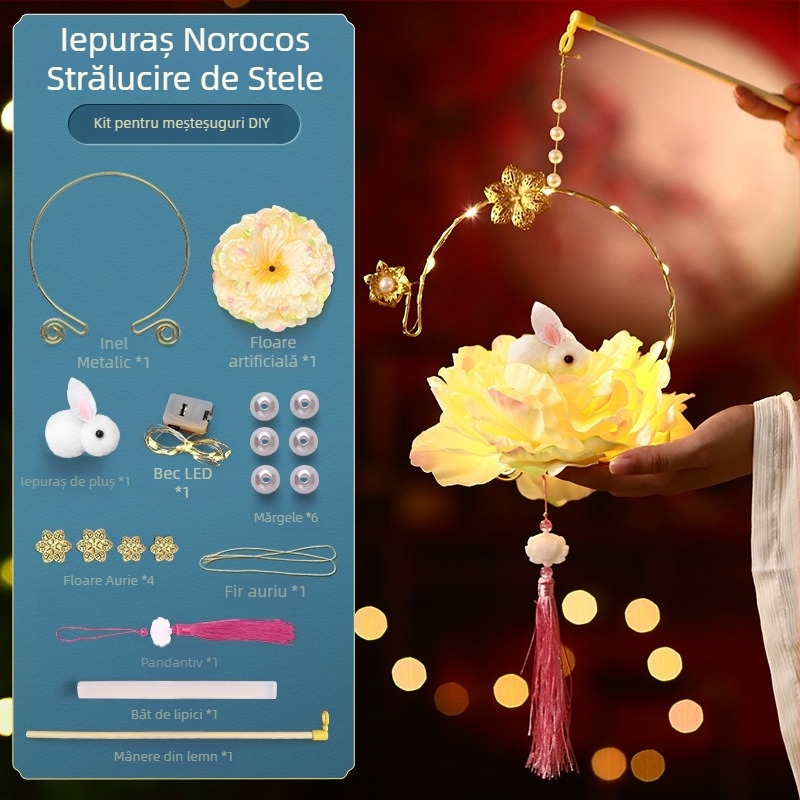 Kit DIY pentru copii: lampion cu iepuraș în stil antic, formă rotundă, mâner de mână, Anul Nou 2026