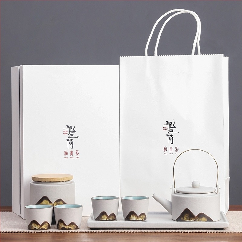 Set Gongfu din ceramică neagră, complet pentru casă, în cutie cadou minimalistă, ceainic cu mâner