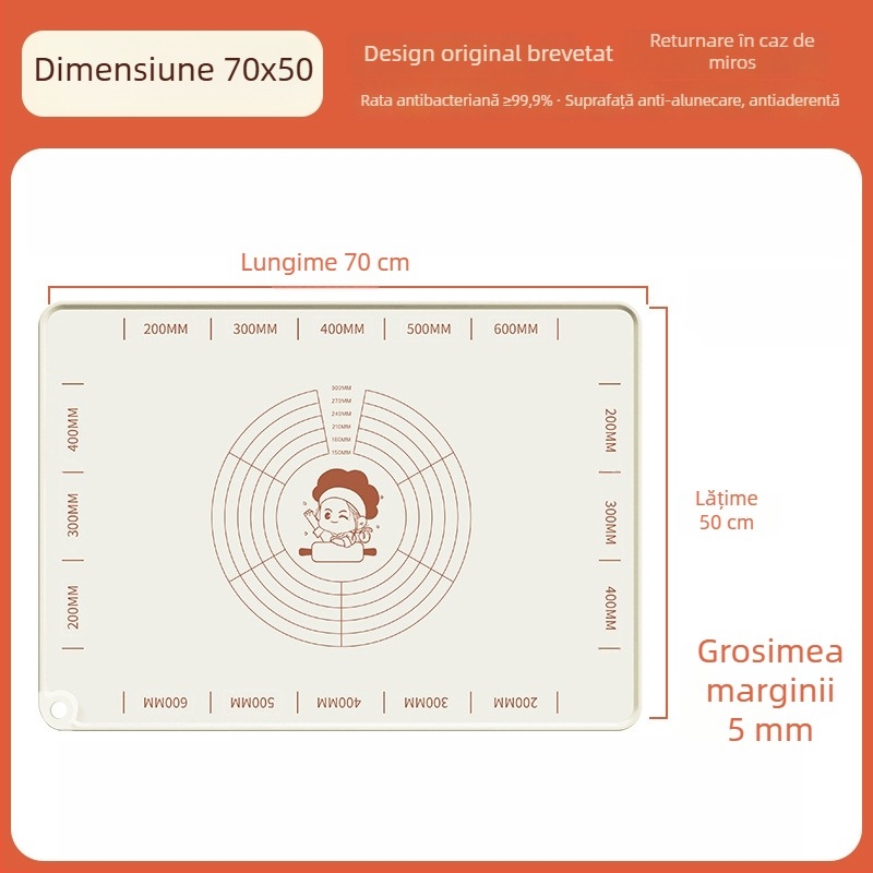 Covoraș din silicon pentru frământat aluat, suprafață alimentară, dimensiune mărită și grosime sporită, antiaderent pentru întinderea aluatului casnic.
