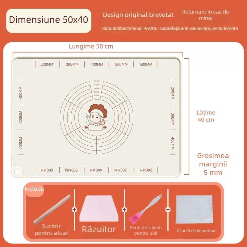Covoraș din silicon pentru frământat aluat, suprafață alimentară, dimensiune mărită și grosime sporită, antiaderent pentru întinderea aluatului casnic.