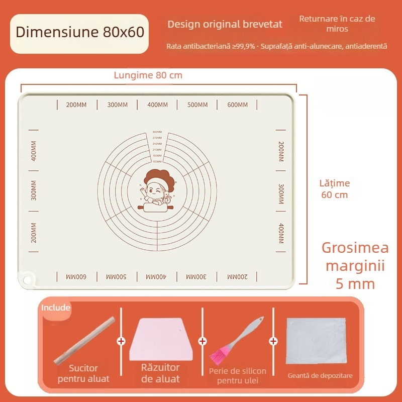 Covoraș din silicon pentru frământat aluat, suprafață alimentară, dimensiune mărită și grosime sporită, antiaderent pentru întinderea aluatului casnic.