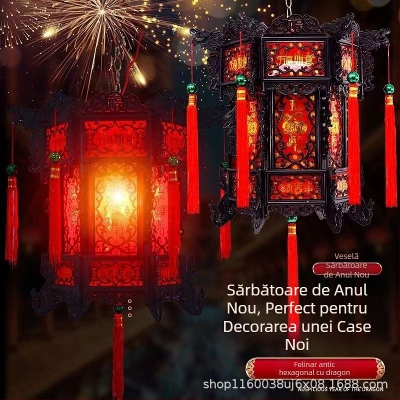 Lanteră hexagonală din plastic, în stil chinezesc antic, LED, rotativă, pentru balcon
