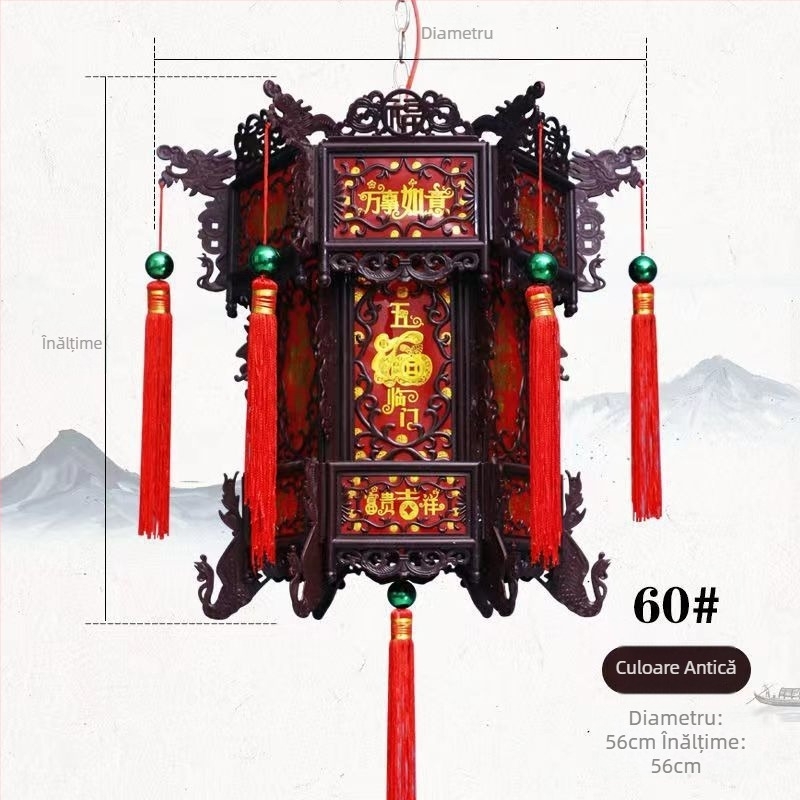 Lanteră hexagonală din plastic, în stil chinezesc antic, LED, rotativă, pentru balcon