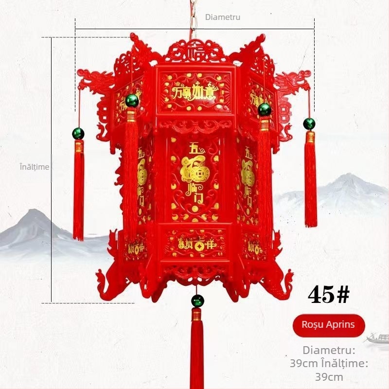 Lanteră hexagonală din plastic, în stil chinezesc antic, LED, rotativă, pentru balcon