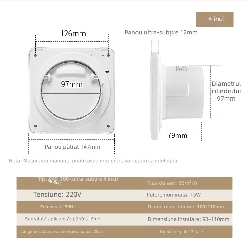 Kay Sheng Ventilator de baie, montaj la fereastră/pe perete, 4–6 inchi, silențios, cu clapetă de sens