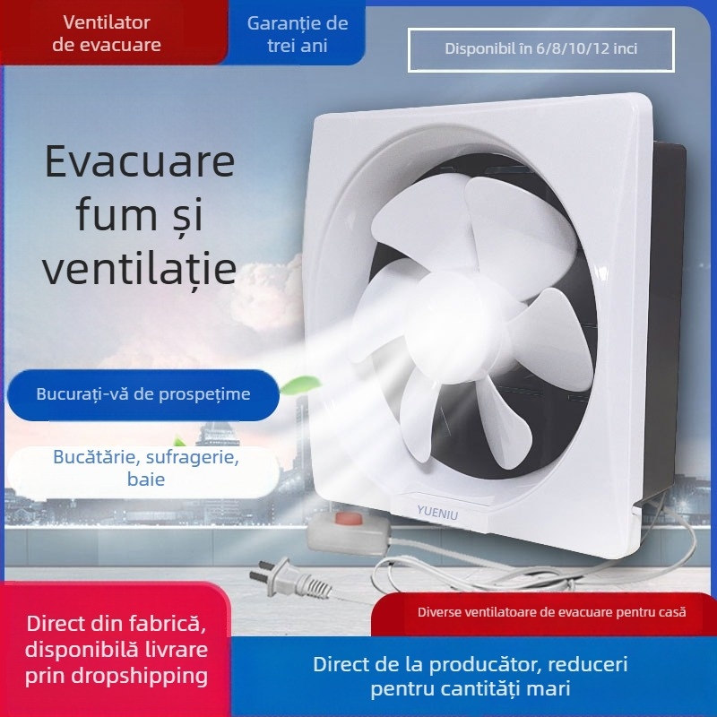 Yue Niu Ventilator de evacuare cu fereastră pentru baie și bucătărie, ventilație pentru casă, montaj suspendat sau pe perete, zgomot redus