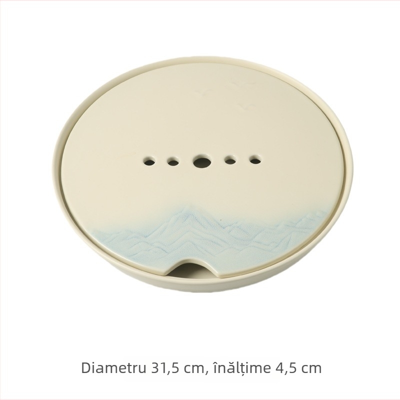 Set de ceai ceramic cu glazură cremă, ceainic cu capac, bol de infuzie cu capac, 6 cești și tavă de servire.