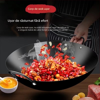 Zhangqiu wok din fier, din manufactură manuală, cu două mânere, mare, antiaderent, fără strat, pentru aragaz cu gaz, utilizare casnică tradițională