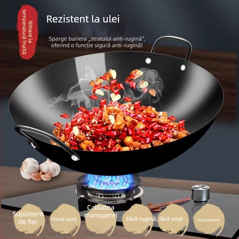Zhangqiu wok din fier, din manufactură manuală, cu două mânere, mare, antiaderent, fără strat, pentru aragaz cu gaz, utilizare casnică tradițională