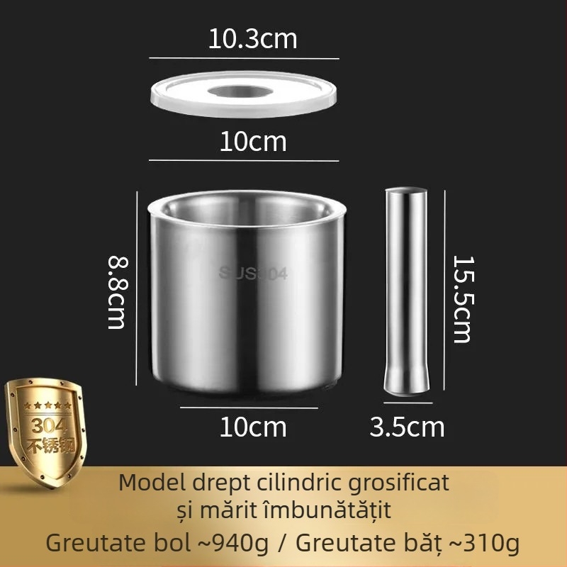 Mojar din oțel inoxidabil 304, cu pistil, vas de măcinare pentru uz casnic