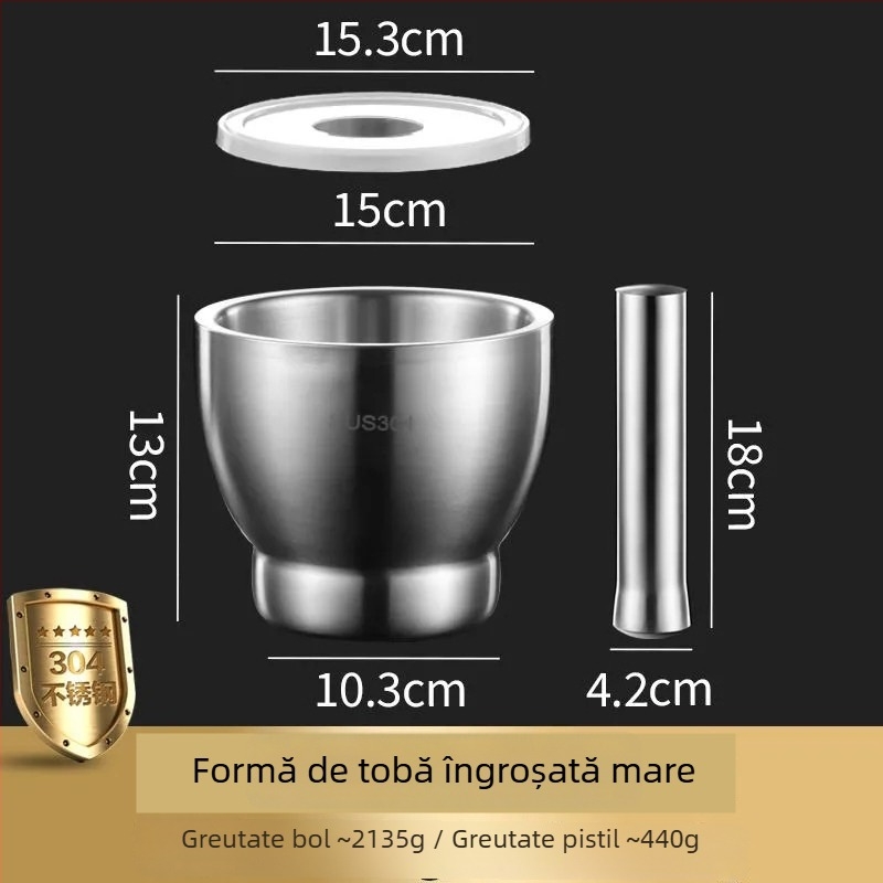 Mojar din oțel inoxidabil 304, cu pistil, vas de măcinare pentru uz casnic