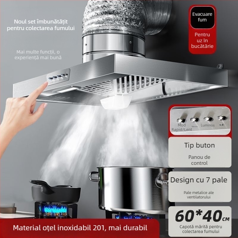 FD-200 Hotă de bucătărie din oțel inoxidabil, 60 × 40 cm, cu aspirație puternică și iluminare