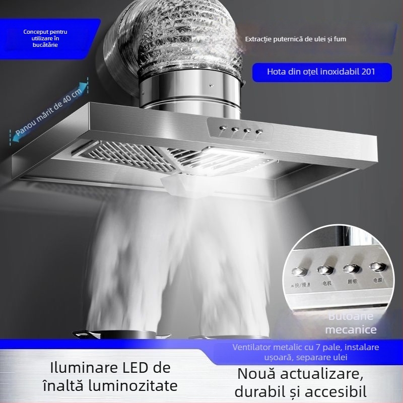 FD-200 Hotă de bucătărie din oțel inoxidabil, 60 × 40 cm, cu aspirație puternică și iluminare