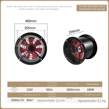 Kai Sheng Ventilator axial cilindric cu flanșă pentru bucătărie, ventilator de evacuare montat pe perete, ventilator de conductă, debit mare de aer