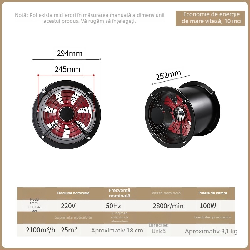 Kai Sheng Ventilator axial cilindric cu flanșă pentru bucătărie, ventilator de evacuare montat pe perete, ventilator de conductă, debit mare de aer