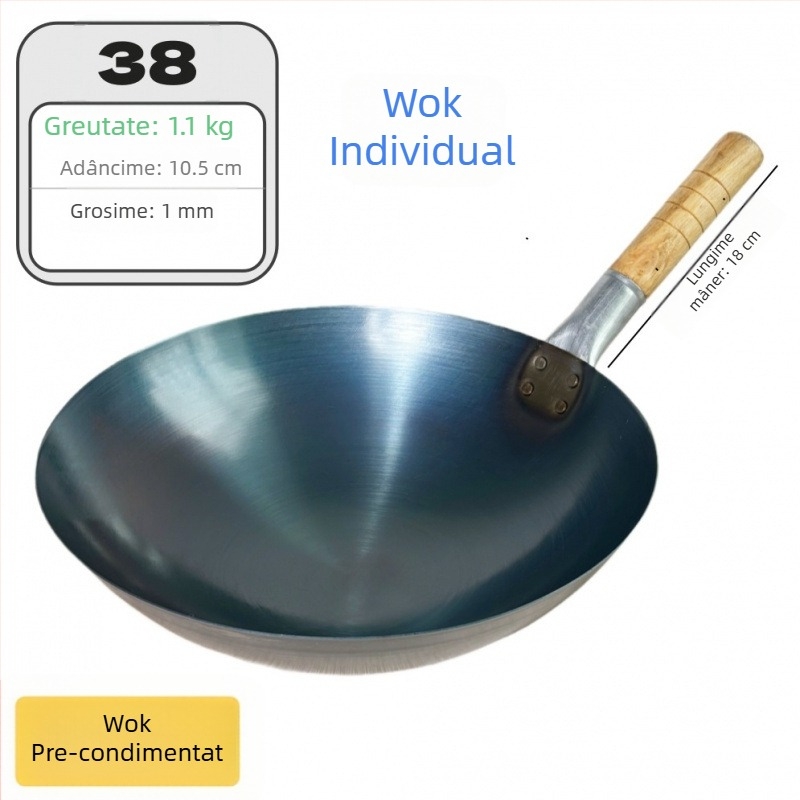 Wok din fier forjat, fără acoperire, pentru uz comercial, ușor și subțire, pentru prăjirea orezului.