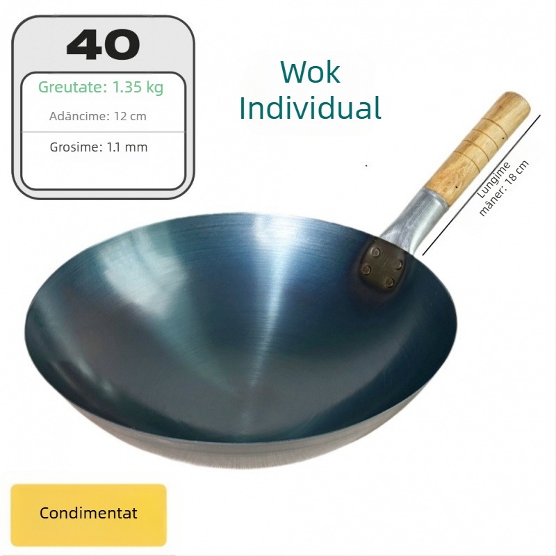 Wok din fier forjat, fără acoperire, pentru uz comercial, ușor și subțire, pentru prăjirea orezului.