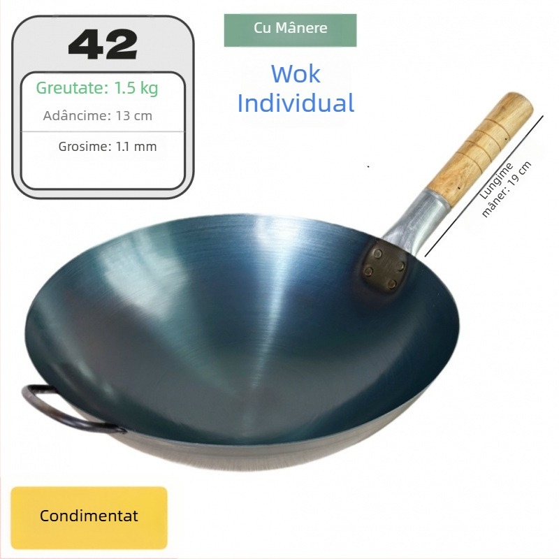 Wok din fier forjat, fără acoperire, pentru uz comercial, ușor și subțire, pentru prăjirea orezului.