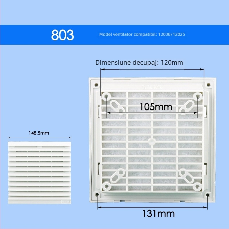 Set filtru ventilație pentru ventilator de răcire a dulapului electric, flux axial, acoperire din plasă cu lame, ABS plastic, model ZL-803