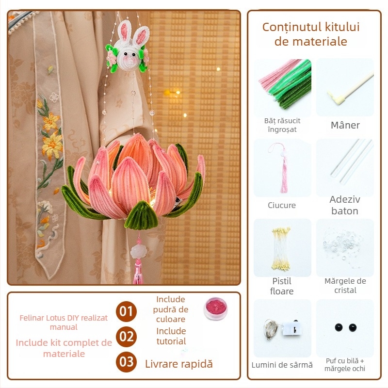 Kit DIY pentru felinar din hârtie, cu lampă lotus luminoasă și tijă răsucită, în stil chinezesc